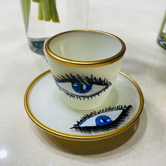 2 Evil Eye hand blown and hand painted espresso cups and saucers - Picture 3 of 5